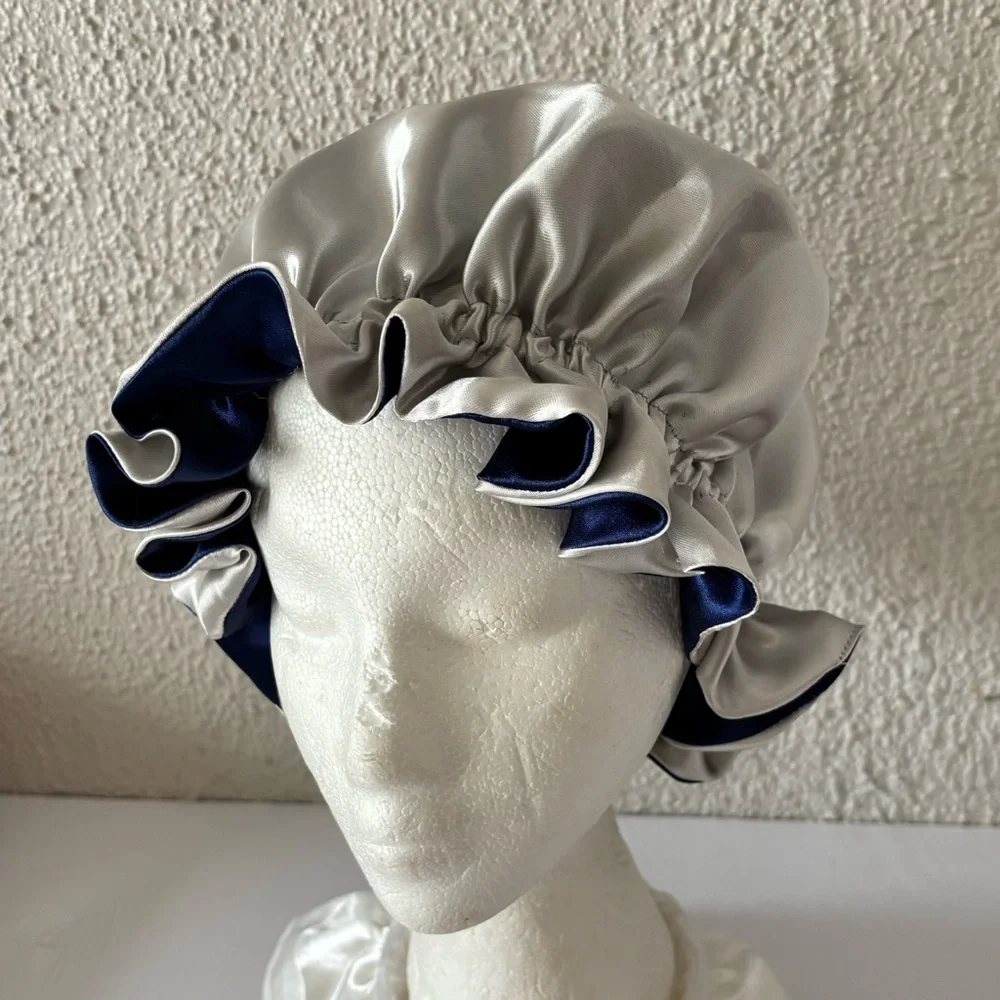 Reversible Satin Sleep Bonnet – Navy Blue & Silver – Extra Large, Elastic Fit